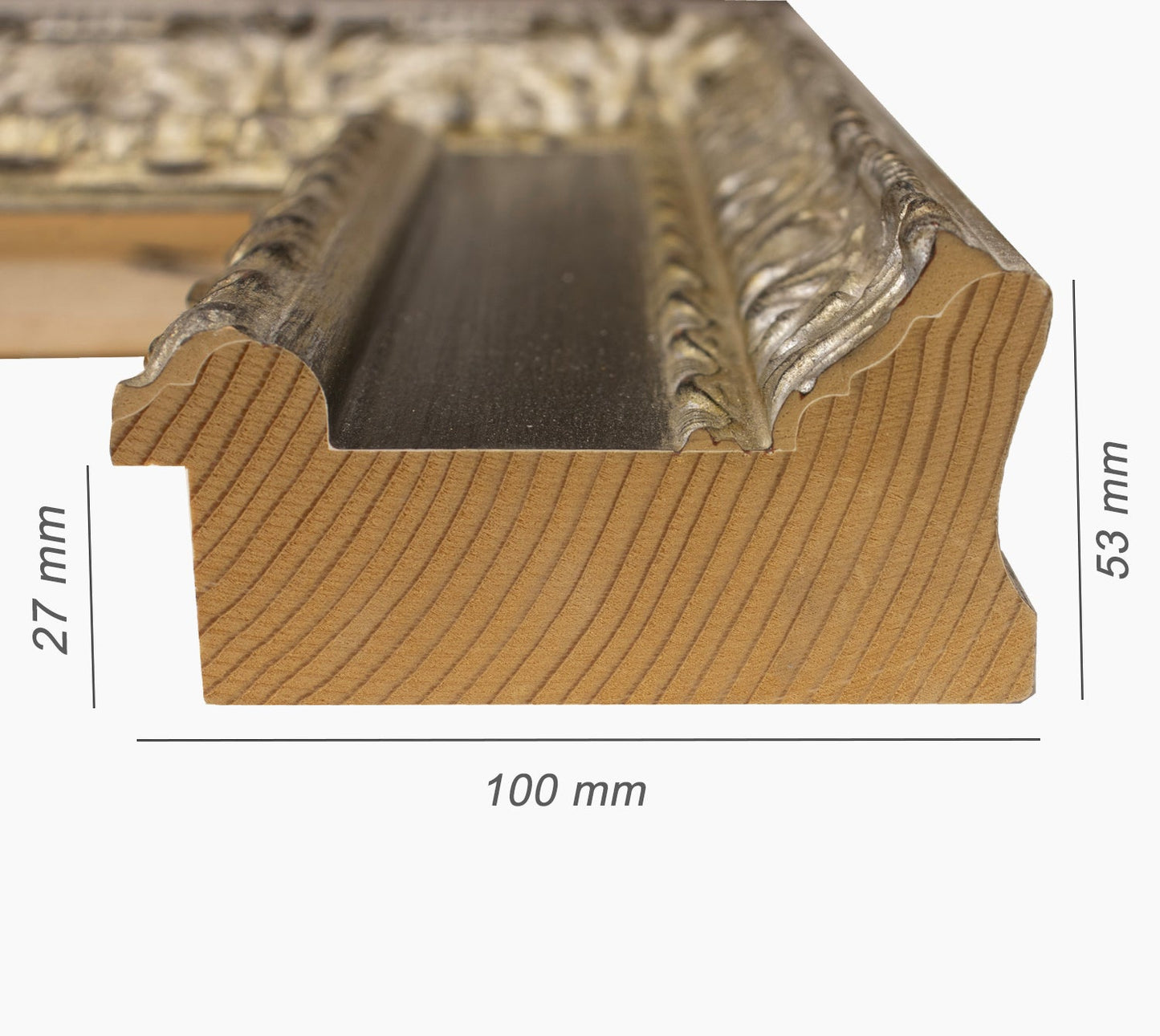 743.602 cadre en bois à la feuille d'argent avec gorge noire mesure de profil 100x53 mm Lombarda cornici S.n.c.